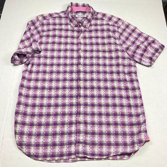 Tommy Bahama Other - Tommy Bahama Mens Embroidered Button Down Shirt Plaid Short Sleeve Top LARGE